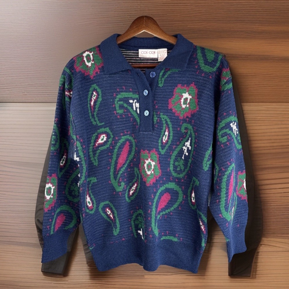 Vintage 90s Women's Rugby Sweater L Blue Paisley‎ Rockabilly Retro Preppy Collar